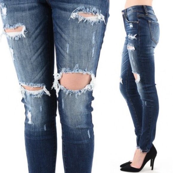 KANCAN Destroyed Dark Denim Skinny Jeans KC5055D - Picture 8 of 11